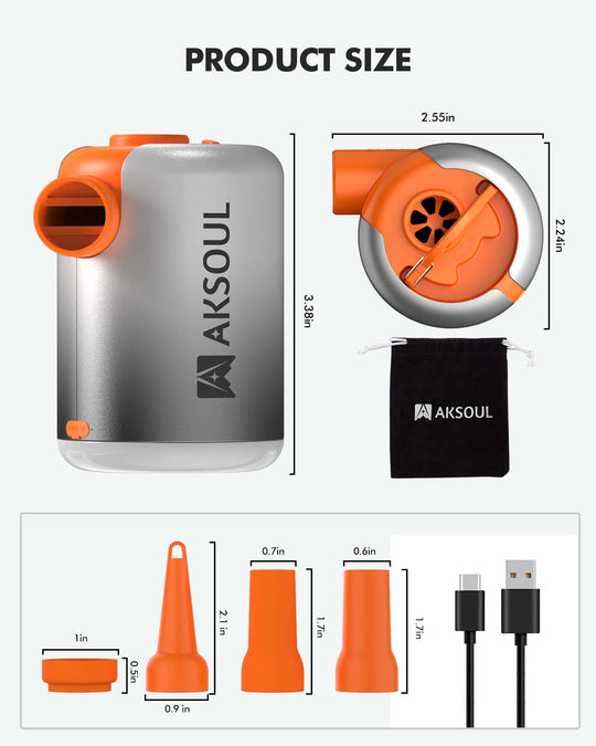 Pompe à Air AKSOUL – Rechargeable USB-C, 200 L/min, 91g, Avec Lumière SOS, 5 Buses